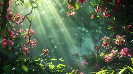 Poster - Magical rays of sunlight illuminating a forest with pink flowers blooming on trees and lush green foliage