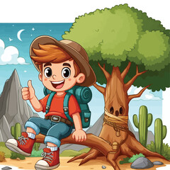 cartoon Adventure boy sitting on tree cartoon colorful vector