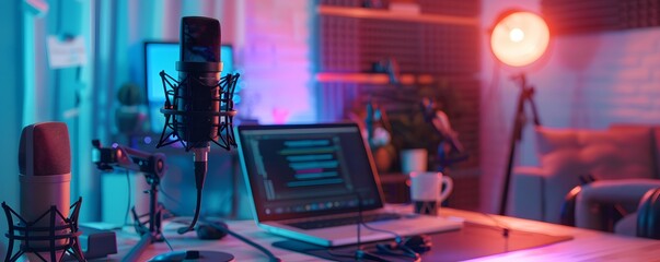 Close-up of a Microphone and Computer in a Recording Studio