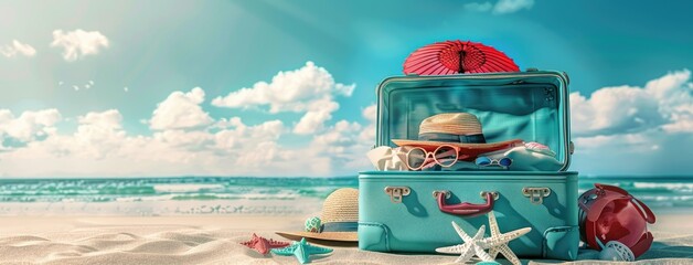 An open suitcase with things on vacation. The concept of travel time