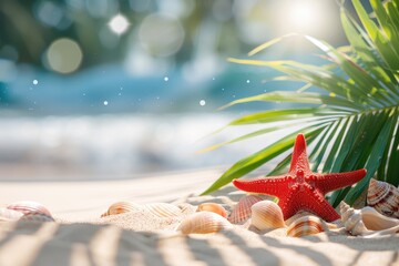 Wall Mural - sea star, green palm leaves arranged on pink background. summer holidays vacation concept. poster ba