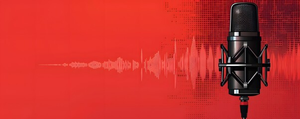 A Black Microphone with a Red Background and Sound Waves