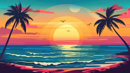 Wall Mural - illustrate a vector graphic of a beach scene with a gradient sunset, featuring silhouettes of palm t