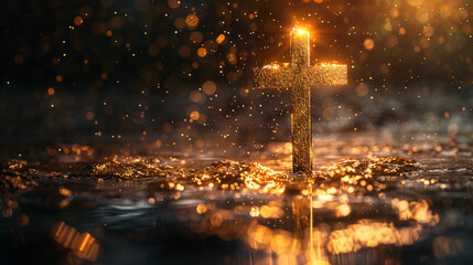 Wall Mural - Golden christian cross is standing in water, reflecting glowing sparkles and symbolizing faith, hope, and redemption