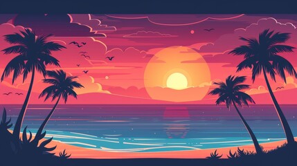 Wall Mural - illustrate a vector graphic of a beach scene with a gradient sunset, featuring silhouettes of palm t