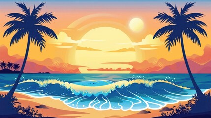 Wall Mural - illustrate a vector graphic of a beach scene with a gradient sunset, featuring silhouettes of palm t