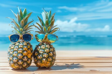 funny pineapples in children's cheerful sunglasses on the sand against the turquoise sea.