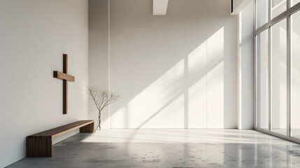 Poster - minimalist chapel interior with wooden cross and bench bathed in sunlight from a large window