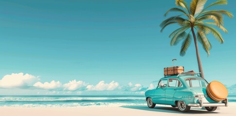 Wall Mural - classic red car parked by the shore, evoking nostalgia and summer vibes with its vintage charm again