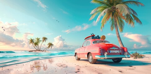 Wall Mural - classic red car parked by the shore, evoking nostalgia and summer vibes with its vintage charm again