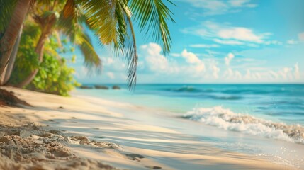 Wall Mural - a serene beach scene with soft waves, palm trees, and a clear blue sky, perfect for capturing the es