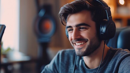 Wall Mural - A podcast host smiling warmly while engaging with a guest in a conversation.