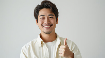 Amazing portrait of asian man in cream shirt cream, smiling a little bit and looking to camera. Thumbs up. White background