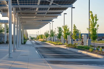 Modern Transportation Hub with Electric Vehicle Charging Stations and Solar Panels