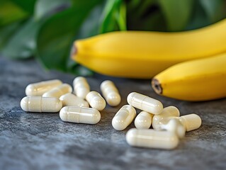 Closeup of potassium supplements next to a fresh banana, natural energy, vibrant background