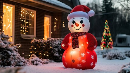 Inflatable snowman decoration in snowy yard with Christmas lights at dusk