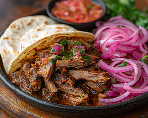 Wall Mural - traditional yucatecan cochinita pibil served with tangy pickled onions and warm tortillas