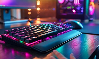 Wall Mural - Closeup of a gaming keyboard on a desk with colorful RGB lighting.