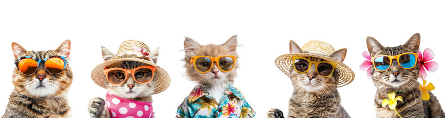 Fototapete - Collection of adorable cat with sunglasses and summer costume isolated on background, portrait of cute kitten that looking at camera.