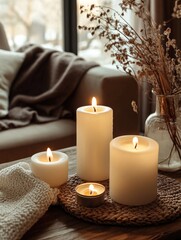 Canvas Print - White candles on wooden table