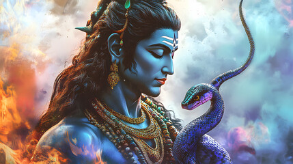 Wall Mural - Beautiful digital artwork of lord Shiva with a divine serpent, perfect for adding a touch of spirituality to your space.