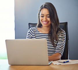 Poster - Happy, research and woman with laptop at desk for creative job, planning or feedback on article. Office, editor and person with technology by documents for journalism, networking or online publishing