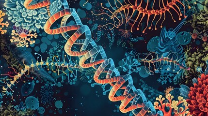 Poster - Abstract DNA Illustration with Colorful Organisms.