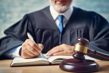 The judge's gavel and the male judge takes notes during the hearing