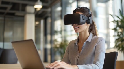 Poster - Woman Experiencing Virtual Reality in Office Setting