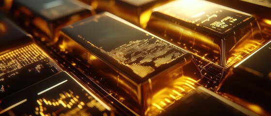 A futuristic portfolio display with holographic gold bars and investment analytics, merging traditional and modern investment methods gold portfolio, value innovation