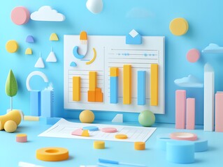 Poster - Colorful 3D Charts and Graphs on Blue Background.
