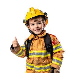 Wall Mural - Smiling little boy wearing firefighter uniform standing with hand gesture giving thumb up front view isolate on transparency background