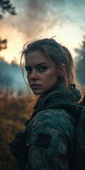 A soldier in camouflage gear looking serious in a misty forest at dawn. Soldier in a forest during war battles