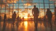 © YUTTADANAI - Travelers at Airport Terminal with Airplane and Vibrant Sunset Sky in Background