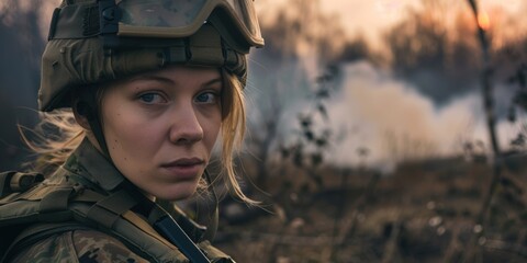 A soldier in camouflage gear looking serious in a misty forest at dawn.