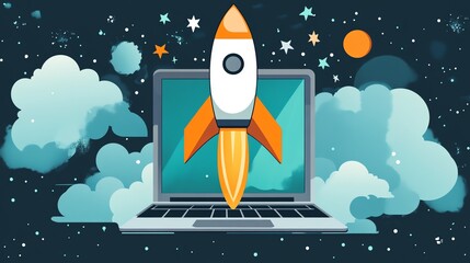 Aufkleber - Laptop with a rocket launching into space, symbolizing growth, success and innovation.