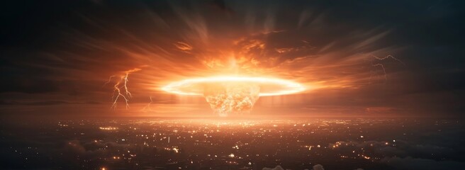 Wall Mural - a bright orange explosion in the sky with a city below by ai generated image