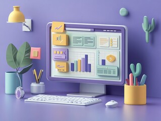 Aufkleber - Modern Office Desk with Computer, Keyboard, Mouse and  Decorative Elements.
