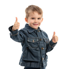 Wall Mural - Smiling little boy wearing layer uniform standing with hand gesture giving thumb up side view isolate on transparency background