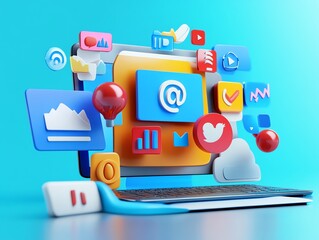Aufkleber - 3D Social Media Icons with Laptop.