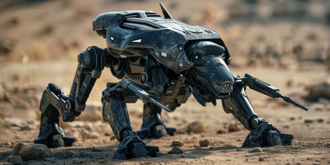 Robot dog in modern warfare. Robotics drone at war.
Robotic quadruped armed with a gun on a desert battlefield, with tanks in the background.