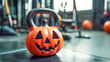 © FutureStock - Kettlebell in the shape of a Halloween pumpkin on gym background for Halloween fitness gym workout sport concept with copy space for text