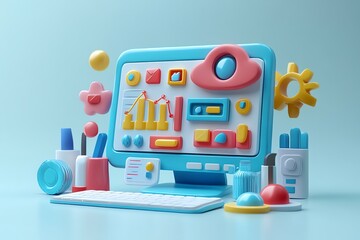 Poster - 3D illustration of colorful computer icons.