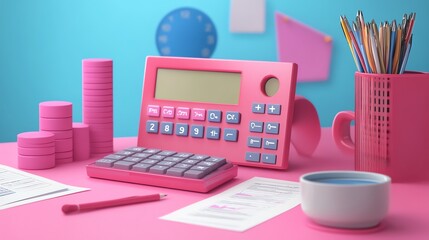 Aufkleber - Pink and Blue Desk with Calculator and Coffee.