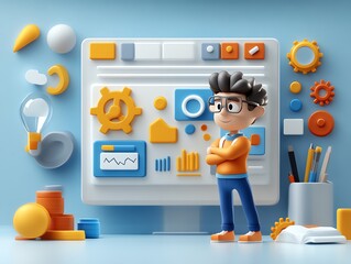 Poster - 3D Cartoon Boy Standing in Front of Computer Screen with Colorful Icons.