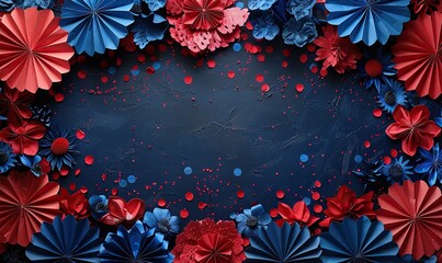 Wall Mural - decorations of red white,blue paper fans,confetti on black background veterans day memorial day 4th of july banner design.