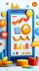 Poster - 3D Illustration of Smartphone with Data and Charts.
