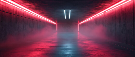Wall Mural - futuristic neon lights tunnel with smoke and concrete walls