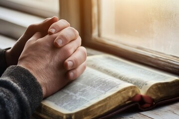 Men's hands folded in prayer on the background of the Bible, close up