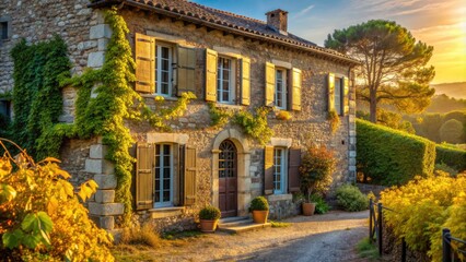 romantic grey french country house exterior with crumbling stone walls and charming shutters amidst lush vineyards and warm golden afternoon light